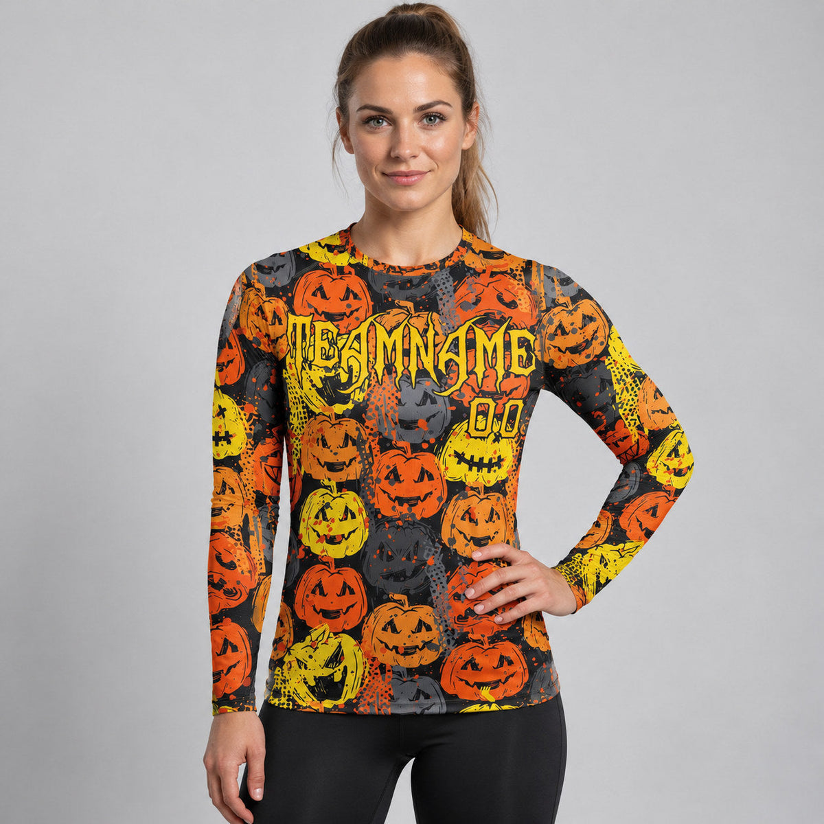 Custom Halloween Pumpkins Long Sleeve Performance T-Shirt Design 0078 worn by female model