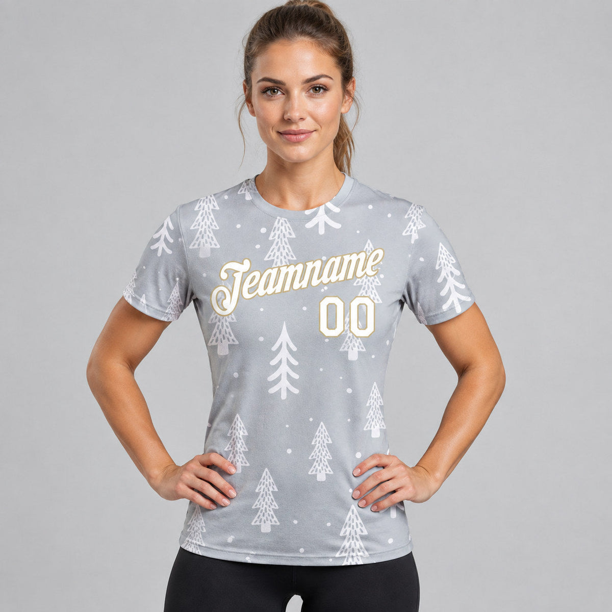 Custom Gray Christmas Performance T-Shirt with White and Old Gold Lettering worn by female model