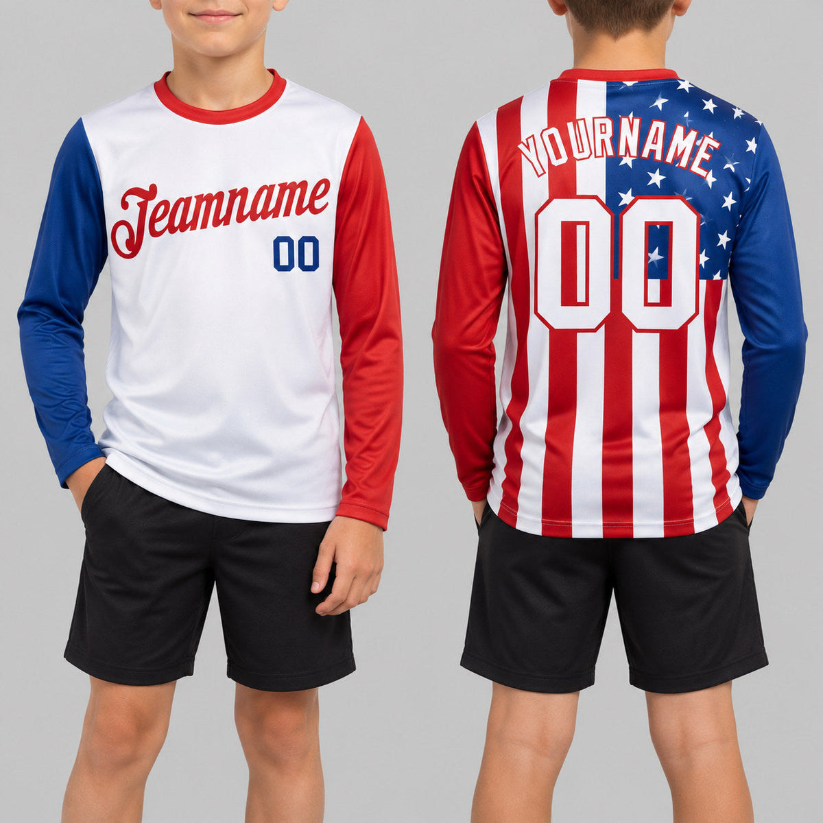 Custom White American Flag Long Sleeve Performance T-Shirt with Red and Royal Lettering Design 0048 youth size worn by child model
