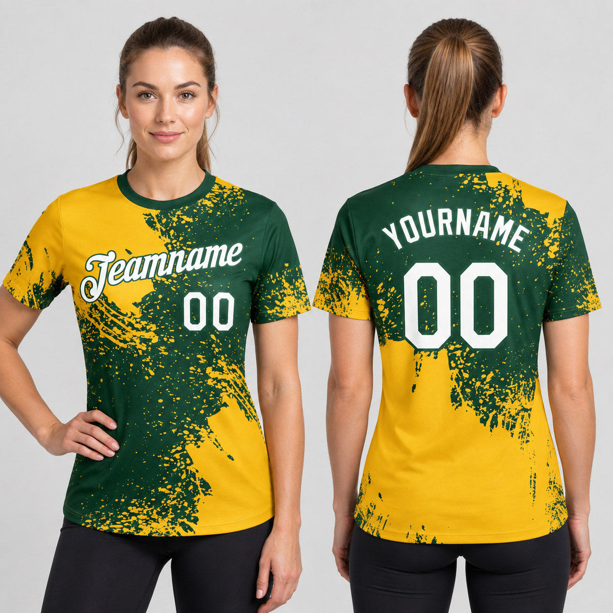 Custom Green Abstract Brush Stroke Performance T-Shirt with White and Gold Lettering worn by female model