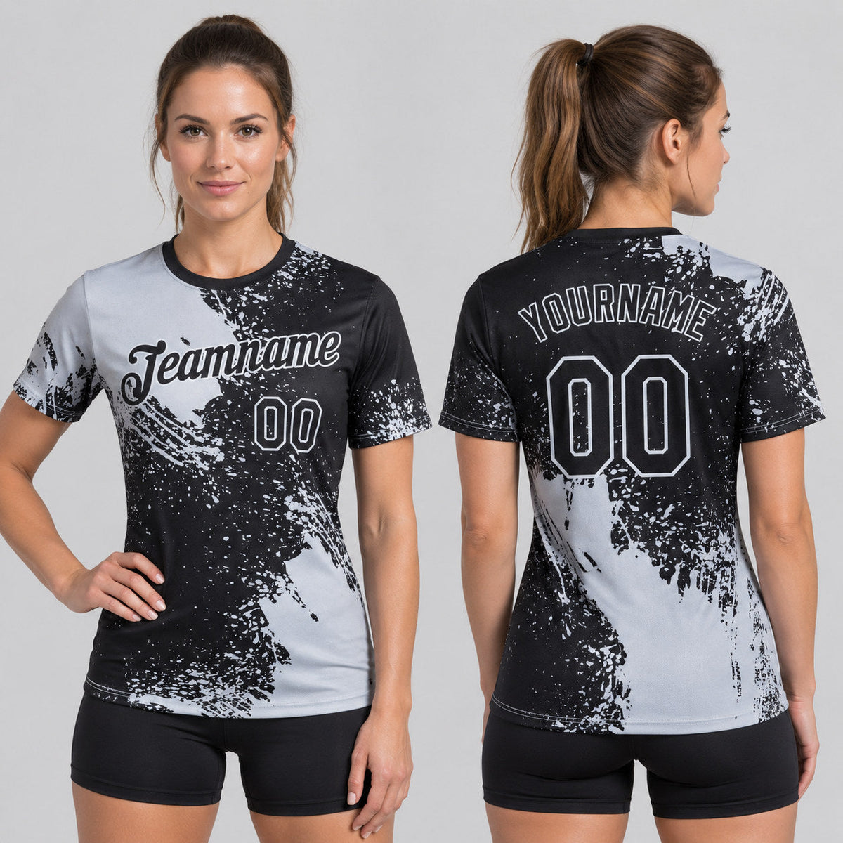 Custom Black Abstract Brush Stroke Performance T-Shirt with Silver Lettering worn by female model
