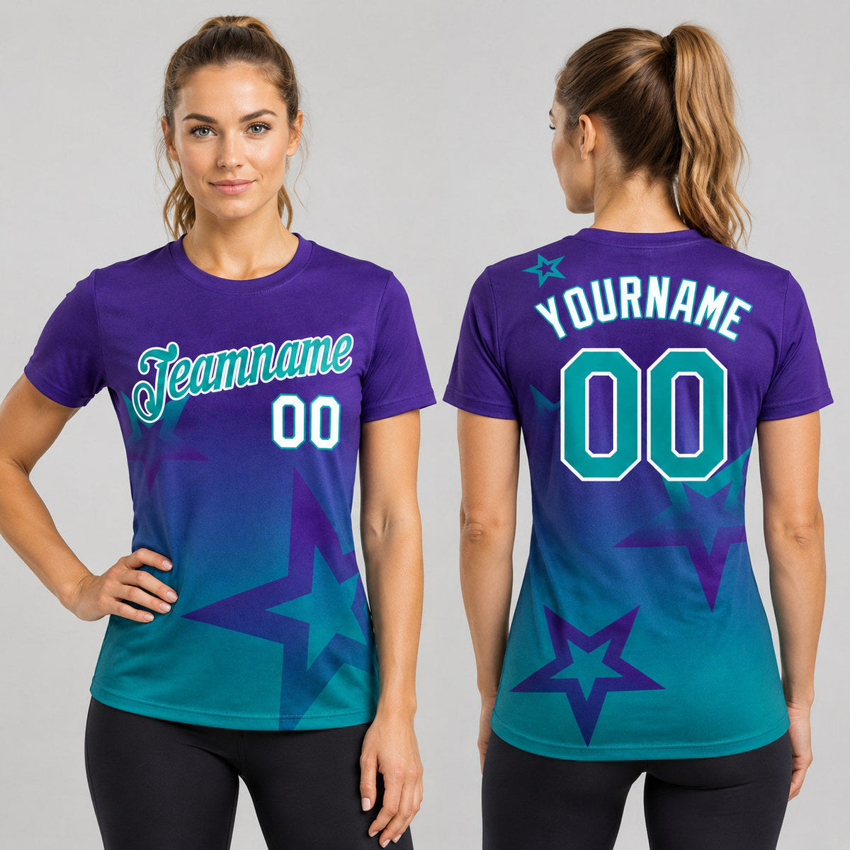 Custom Purple Gradient Twinkle Star Performance T-Shirt with Teal and White Lettering worn by female model