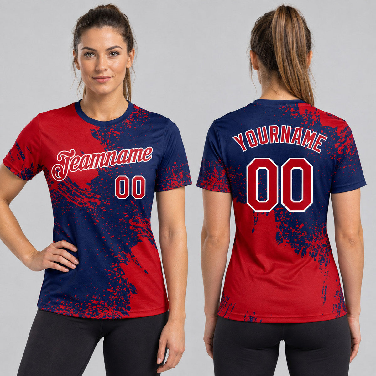 Custom Red Abstract Brush Stroke Performance T-Shirt with Navy and White Lettering worn by female model
