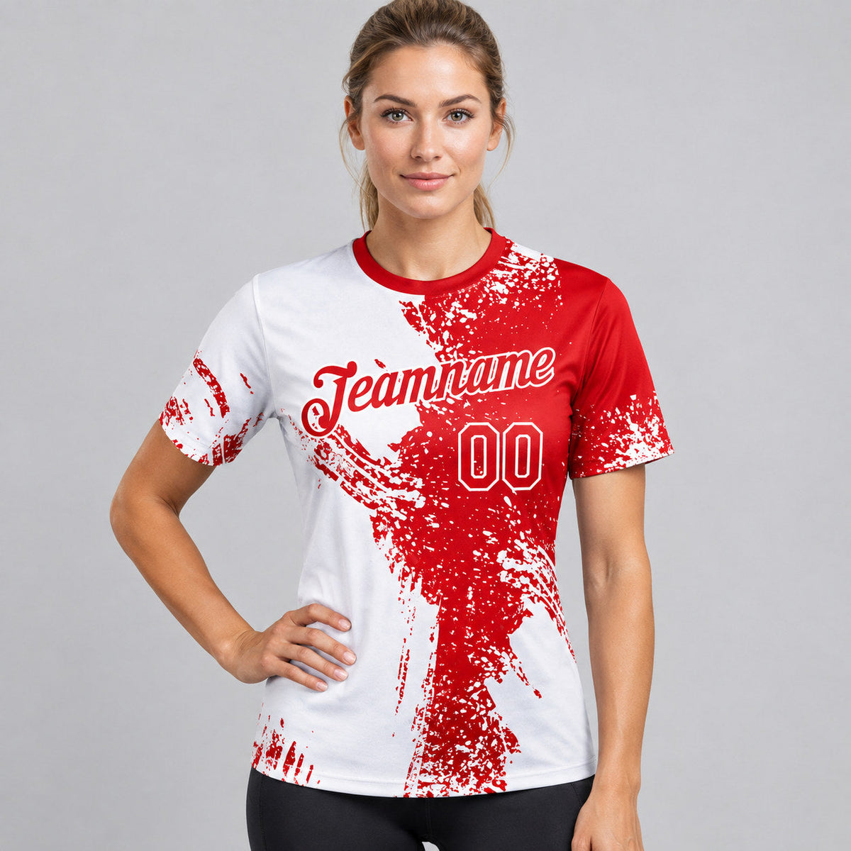 Custom White Abstract Brush Stroke Performance T-Shirt with Red Lettering worn by female model