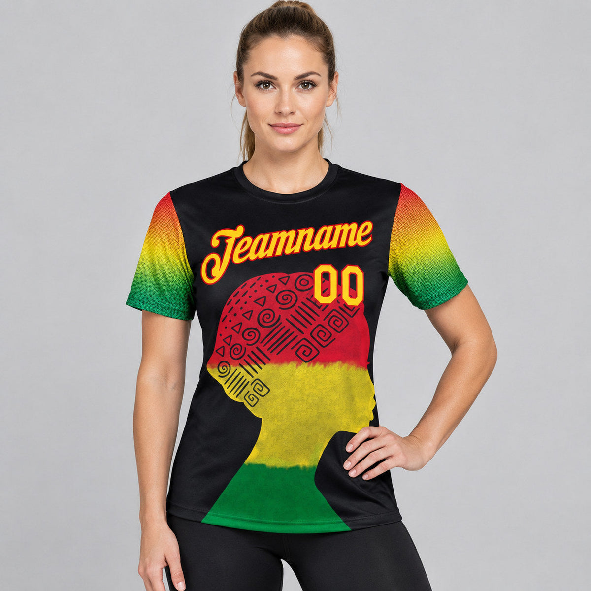 Custom Black Black History Month Performance T-Shirt with Yellow and Red Lettering Design 1764 worn by female model