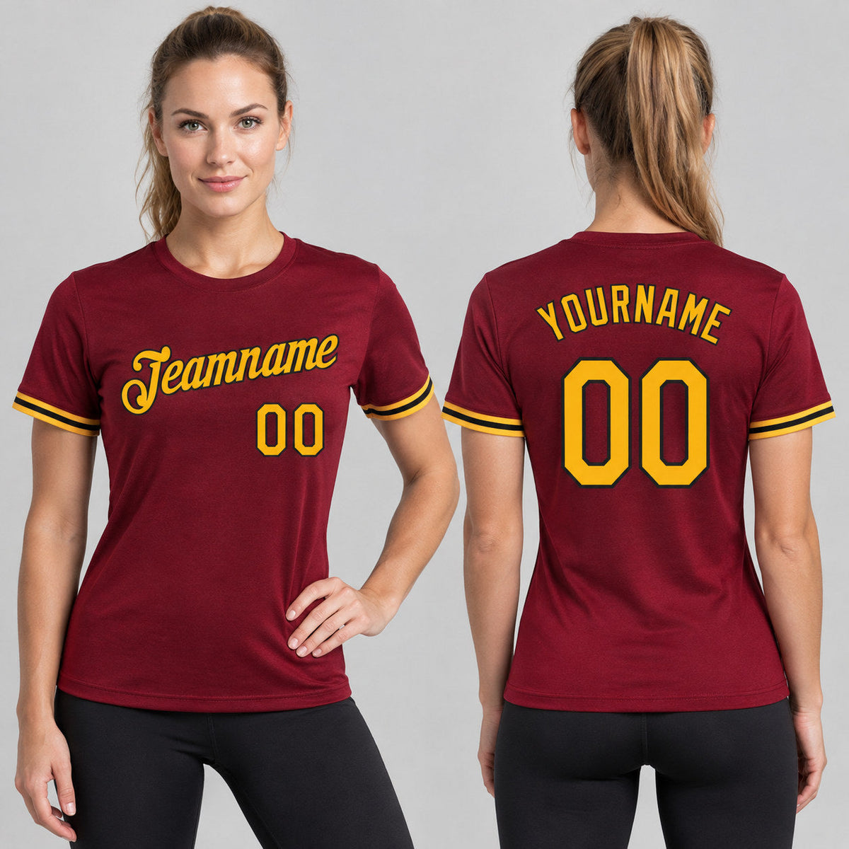 Custom Crimson Performance T-Shirt with Gold and Black Lettering worn by female model