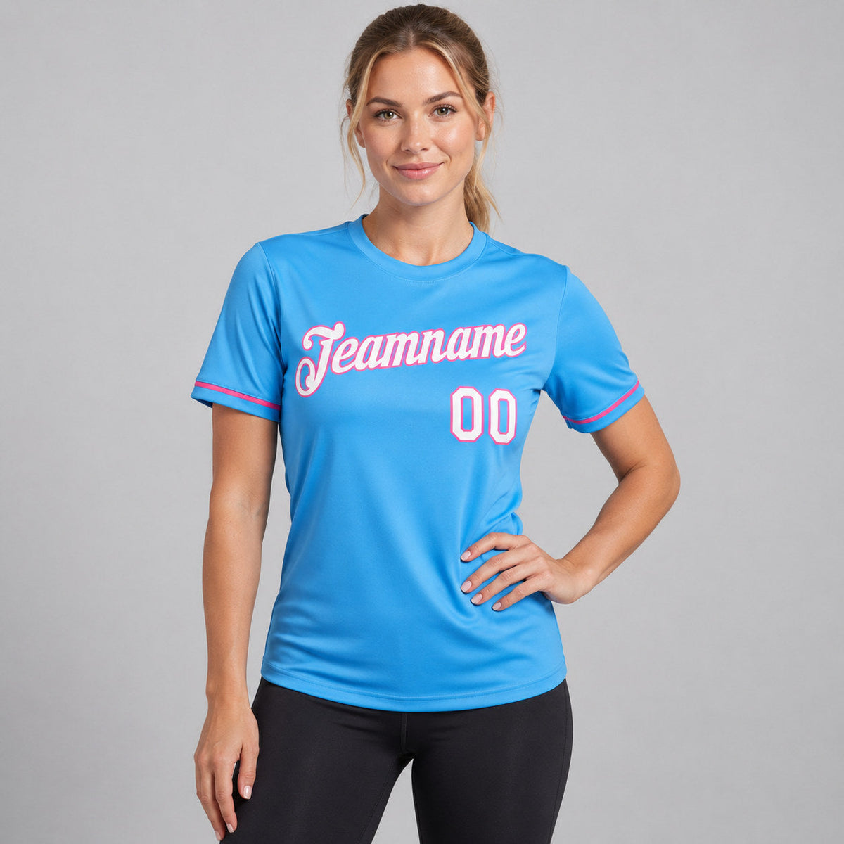 Custom Powder Blue Performance T-Shirt with White and Pink Lettering worn by female model