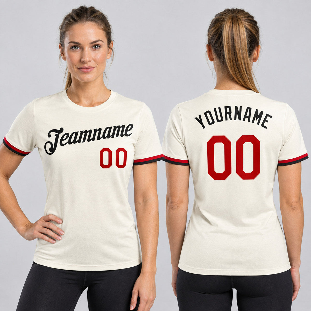 Custom Cream Performance T-Shirt with Red and Black Lettering Design 0507 worn by female model