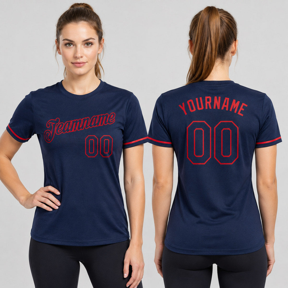 Custom Navy Performance T-Shirt with Navy and Red Lettering worn by female model