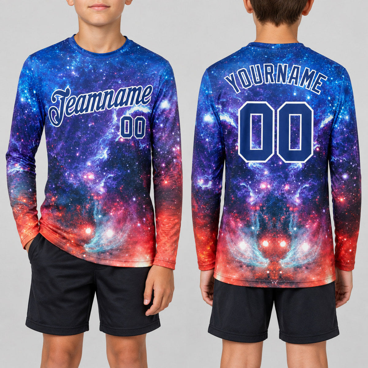 Custom White and Light Blue Galactic Long Sleeve Performance T-Shirt youth size worn by child model