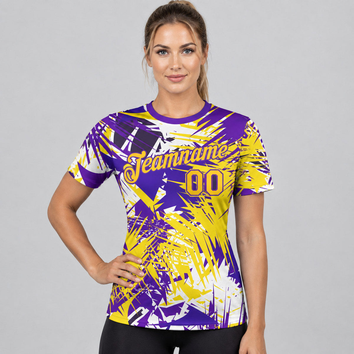 Custom Gold and Purple Graffiti Performance T-Shirt worn by female model