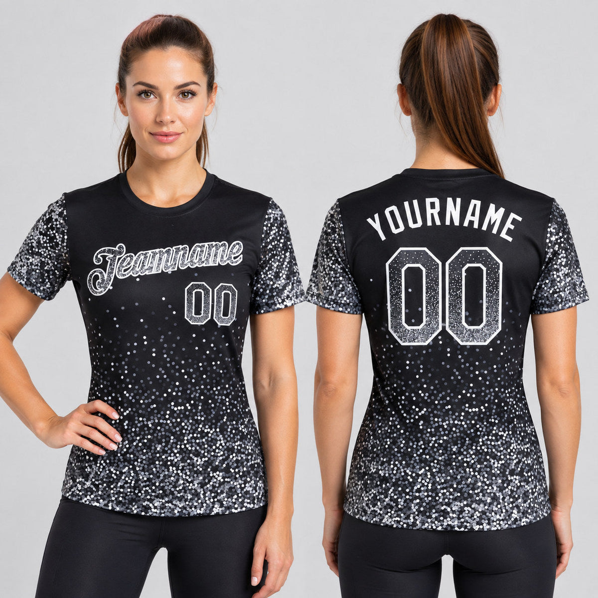 Custom Black Colorful Sparkle Gradient Dots Performance T-Shirt with Gray and White Lettering worn by female model