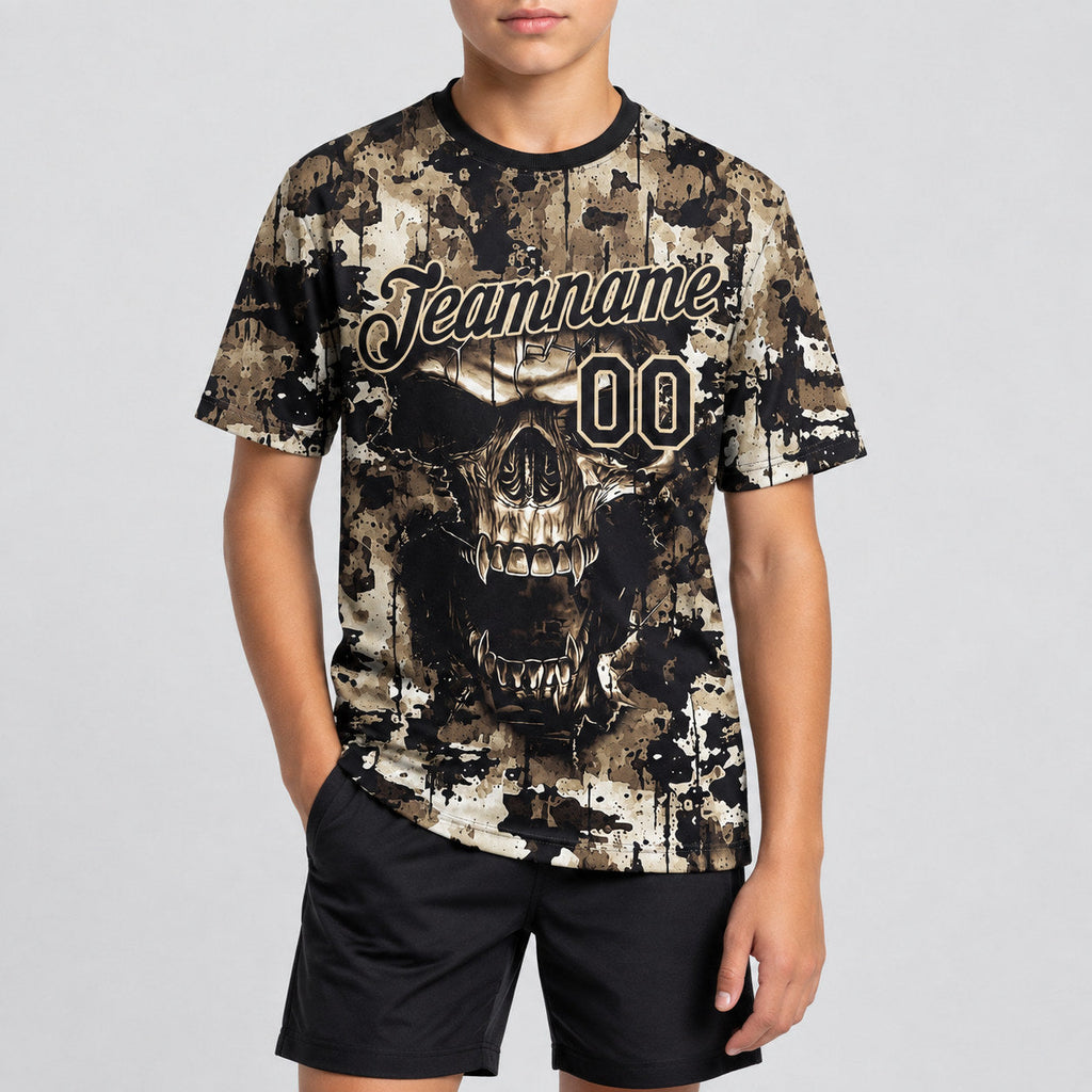 Custom Black and City Cream Skull Gothic Distressed Grunge Splatter Performance T-Shirt youth size worn by child model