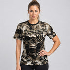 Custom Black and City Cream Skull Gothic Distressed Grunge Splatter Performance T-Shirt worn by female model