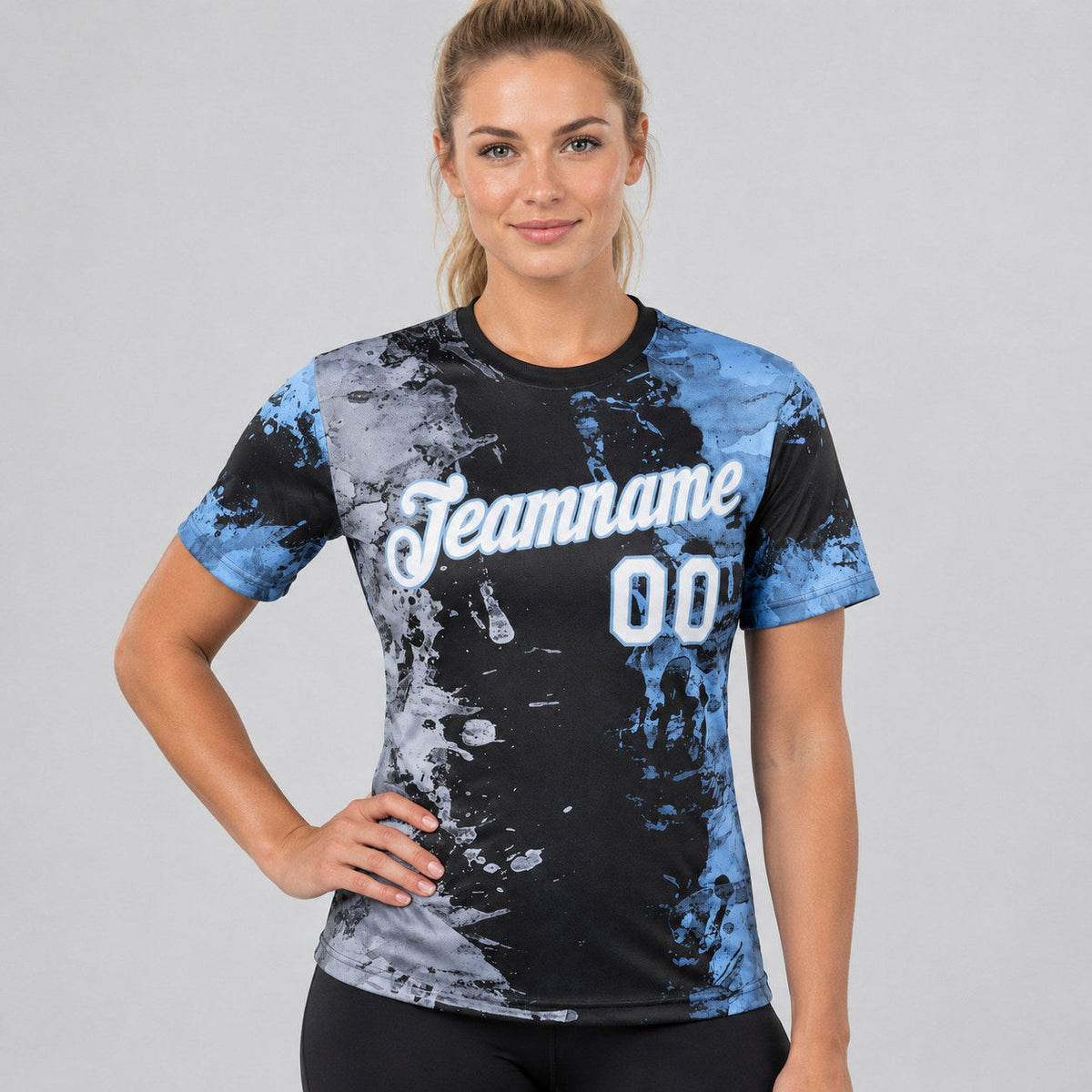 Custom Gray and White Ink Splash Duotono Performance T-Shirt with Black and Light Blue Lettering worn by female model