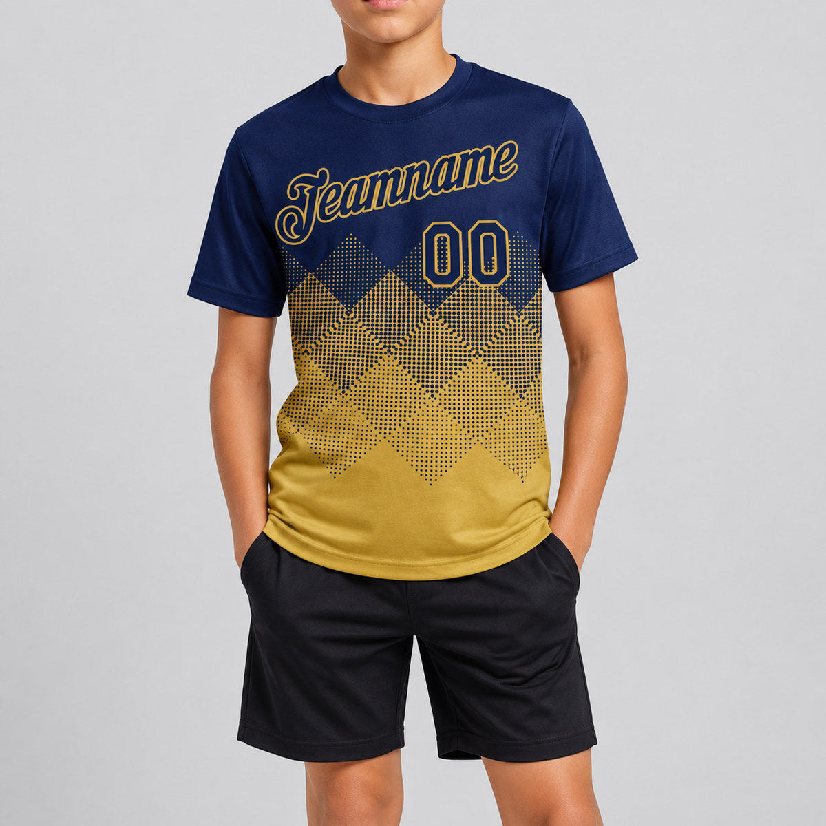 Custom Navy Gradient Square Shapes Performance T-Shirt with Old Gold Lettering youth size worn by child model