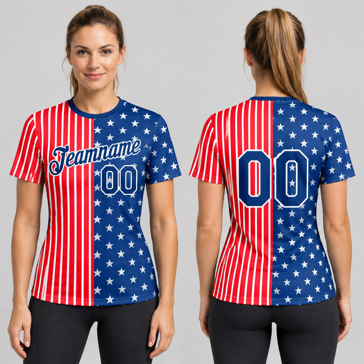Custom Fire Red Star Performance T-Shirt with US Navy Blue and White Lettering worn by female model