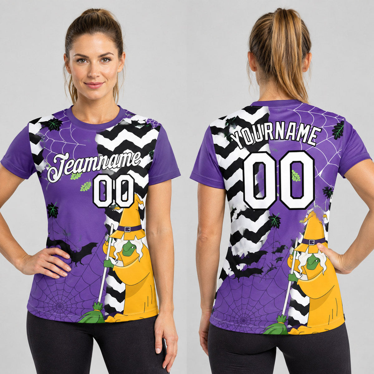 Custom Purple Halloween Performance T-Shirt with White and Black Lettering Design 5502 worn by female model