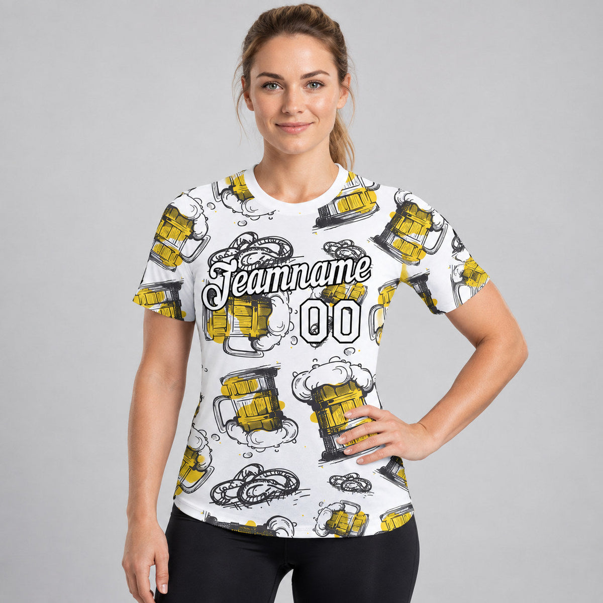 Custom White Oktoberfest Beer Festival Performance T-Shirt with Black Lettering worn by female model