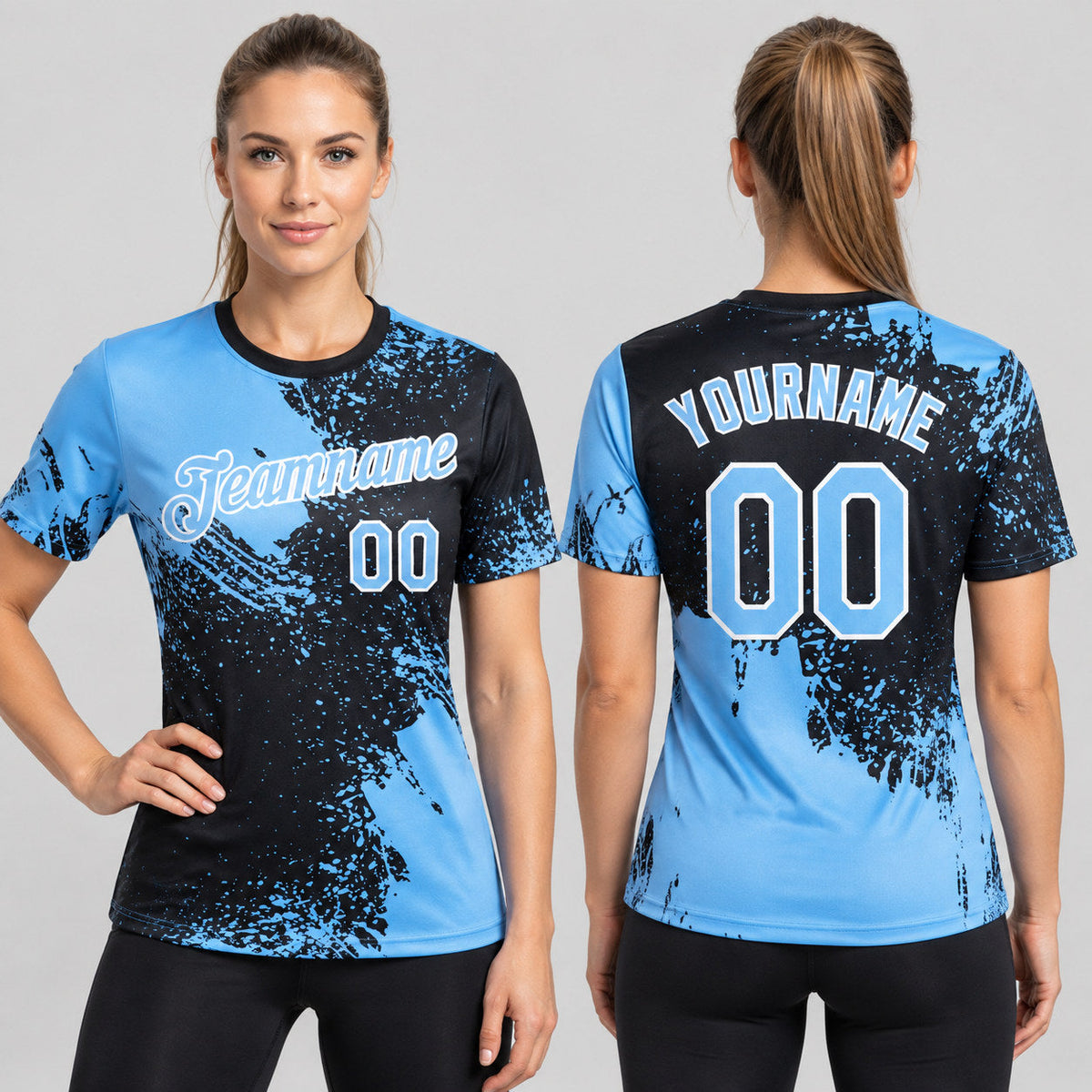 Custom Light Blue Abstract Brush Stroke Performance T-Shirt with Black and White Lettering worn by female model