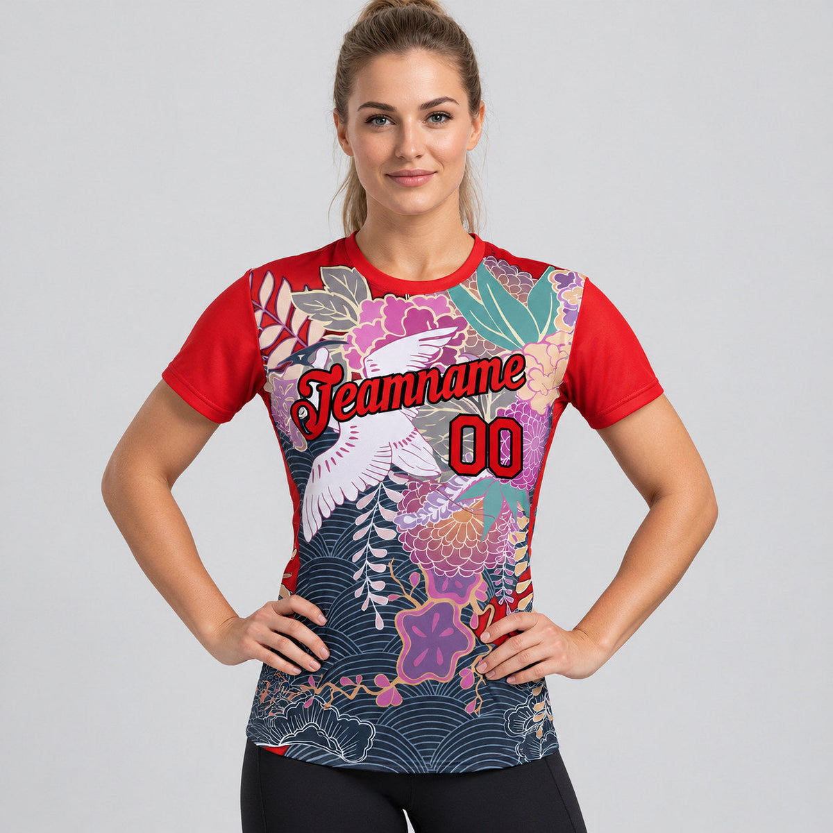 Custom Red Animal Crane Performance T-Shirt with Black Lettering worn by female model
