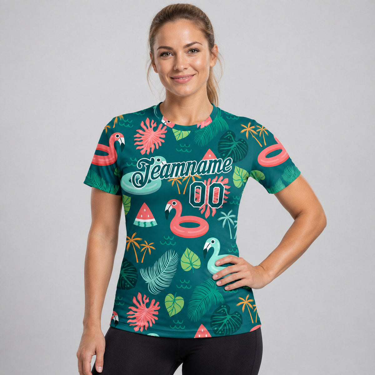 Custom Midnight Green Tropical Hawaii Flamingo Performance T-Shirt with White Lettering worn by female model