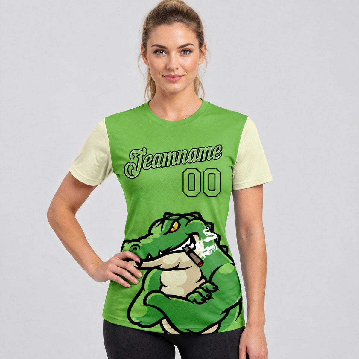 Custom Aurora Green Crocodile Performance T-Shirt with Black and Cream Lettering worn by female model