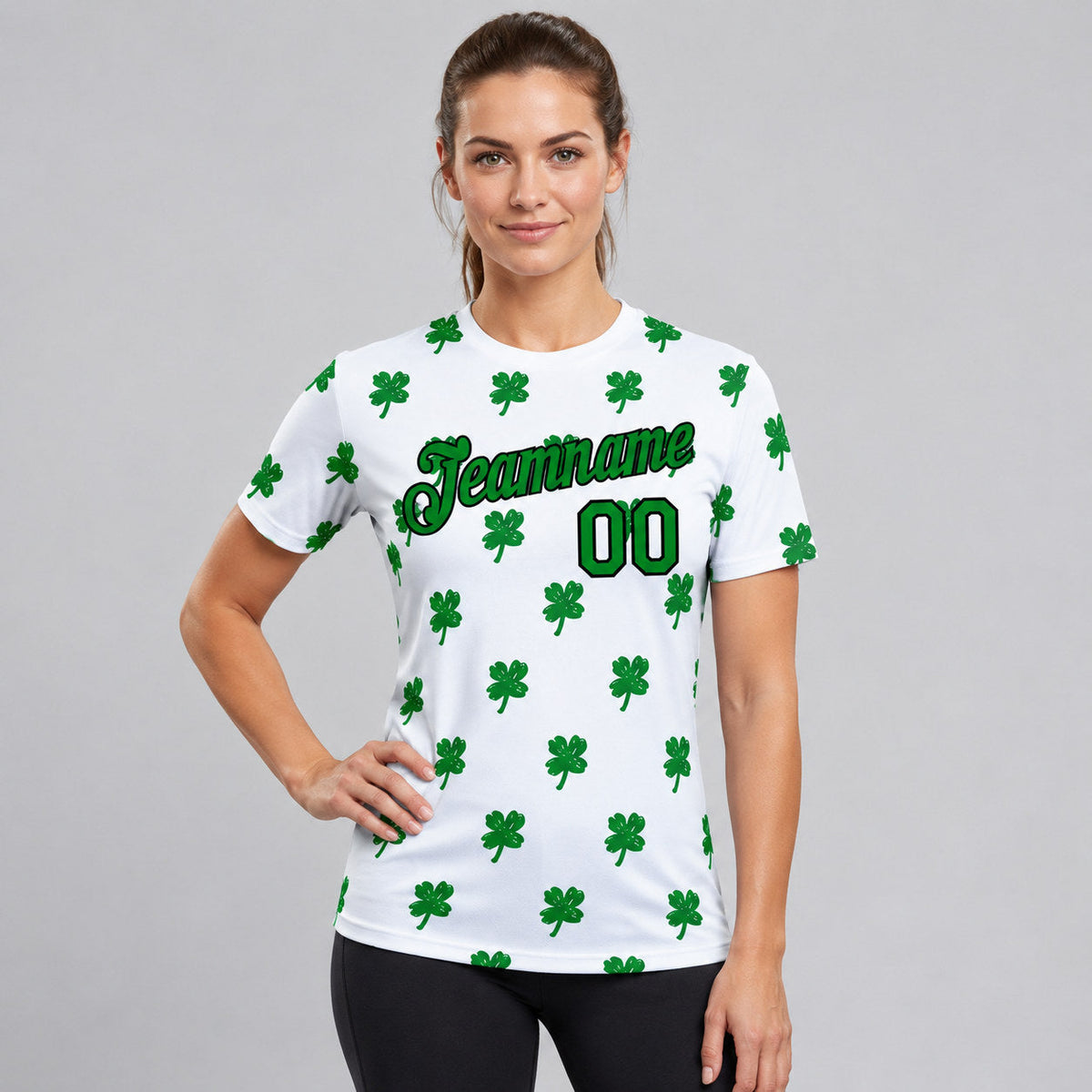 Custom White St.Patrick's Day Clovers Performance T-Shirt with Kelly Green and Black Lettering worn by female model
