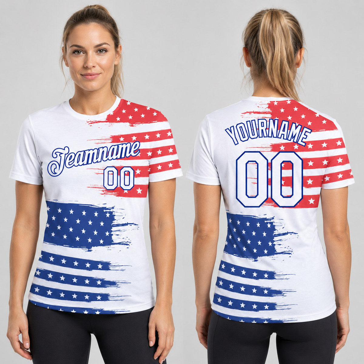 Custom White American Flag Patriotic Performance T-Shirt with Royal and Red Lettering worn by female model