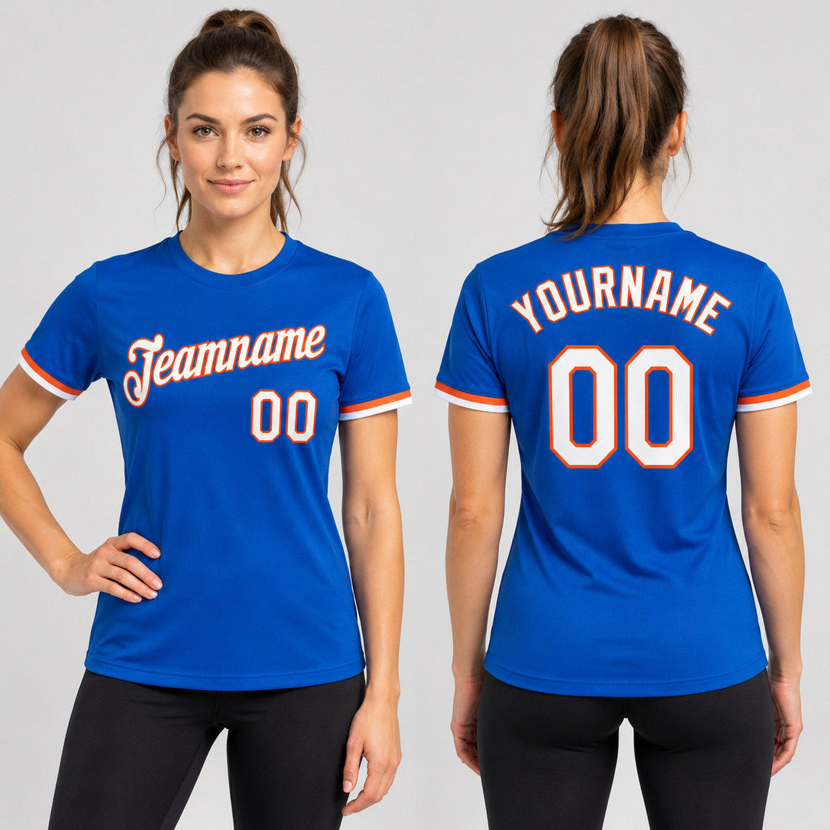 Custom Thunder Blue Performance T-Shirt with White and Orange Lettering worn by female model