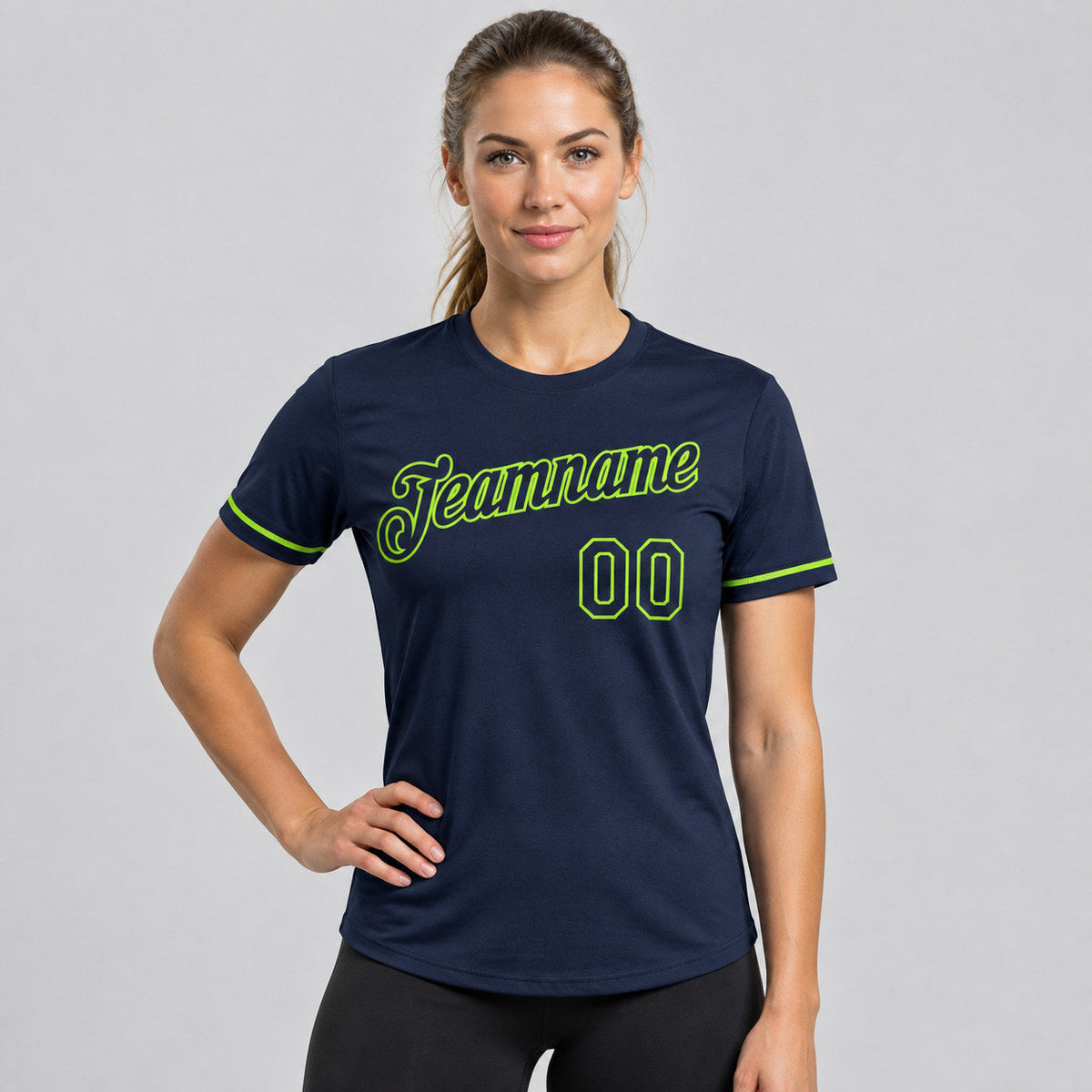 Custom Navy Performance T-Shirt with Neon Green Lettering worn by female model