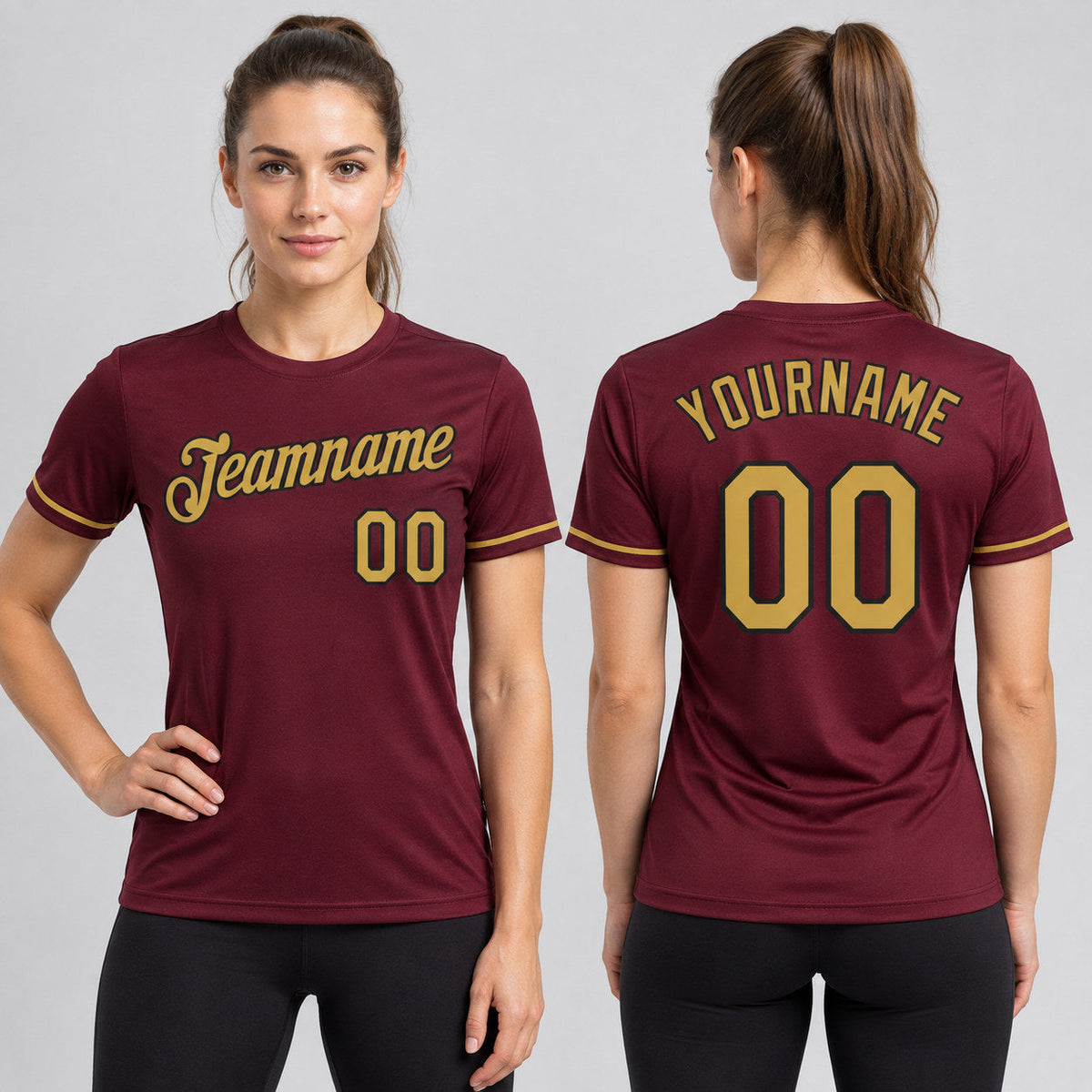Custom Burgundy Performance T-Shirt with Old Gold and Black Lettering worn by female model