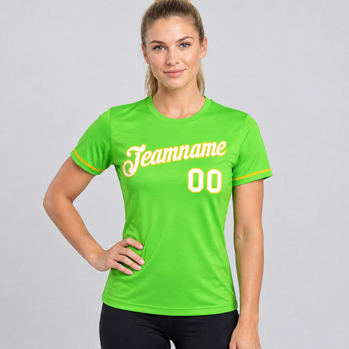 Custom Neon Green Performance T-Shirt with White and Yellow Lettering worn by female model