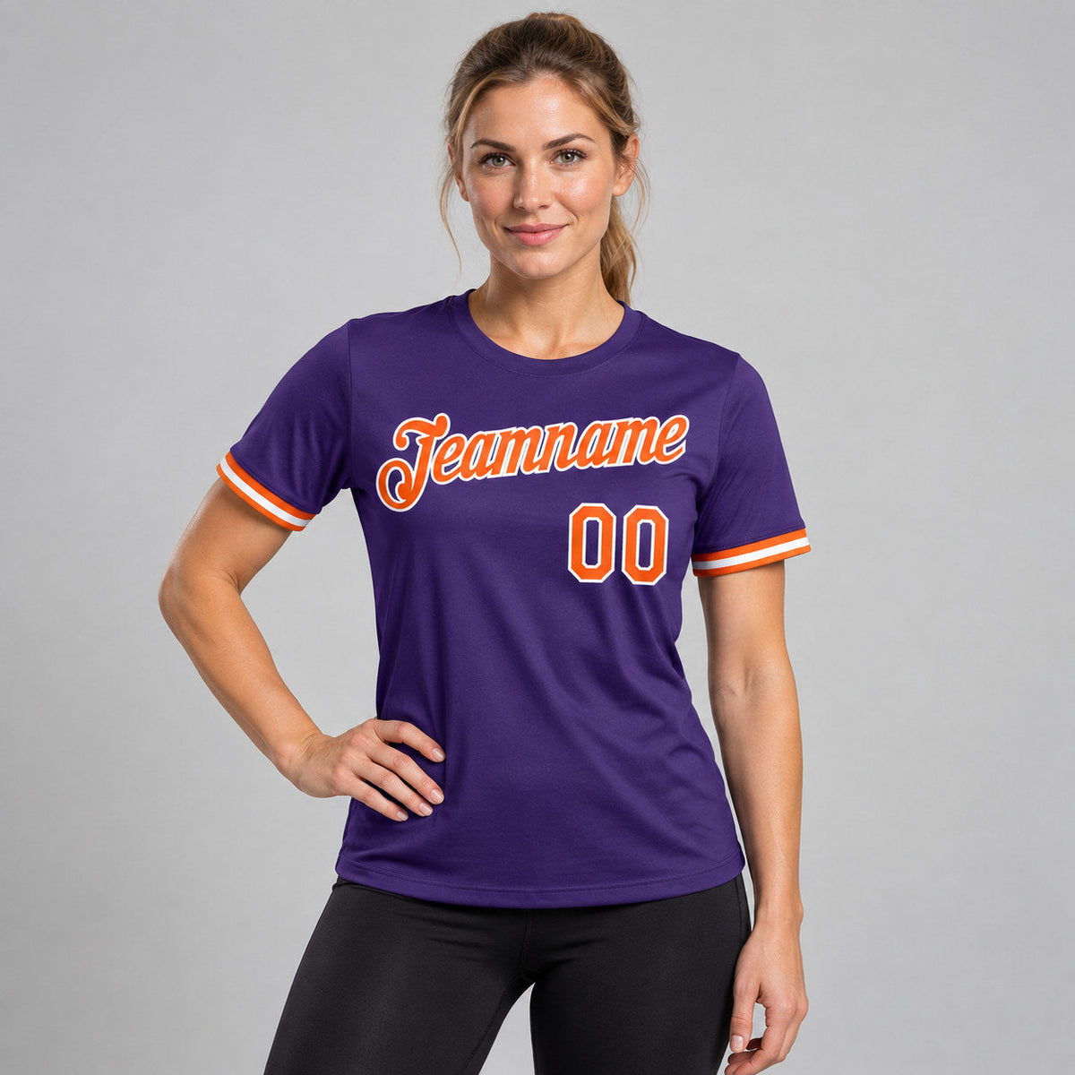 Custom Purple Performance T-Shirt with Orange and White Lettering worn by female model