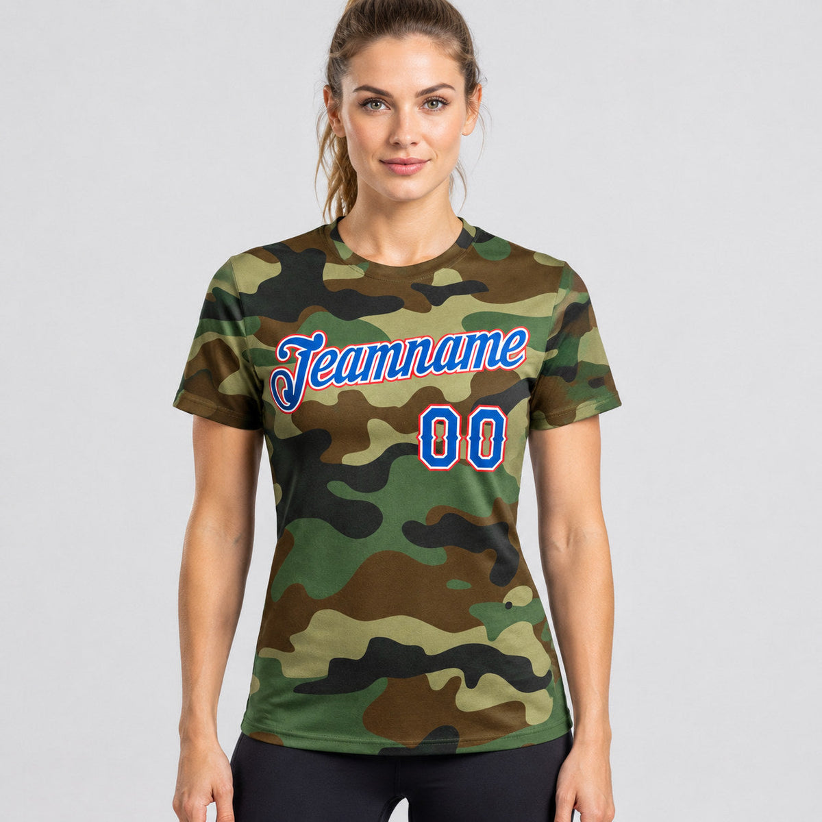 Custom Royal and Red Camo Salute To Service Performance T-Shirt worn by female model