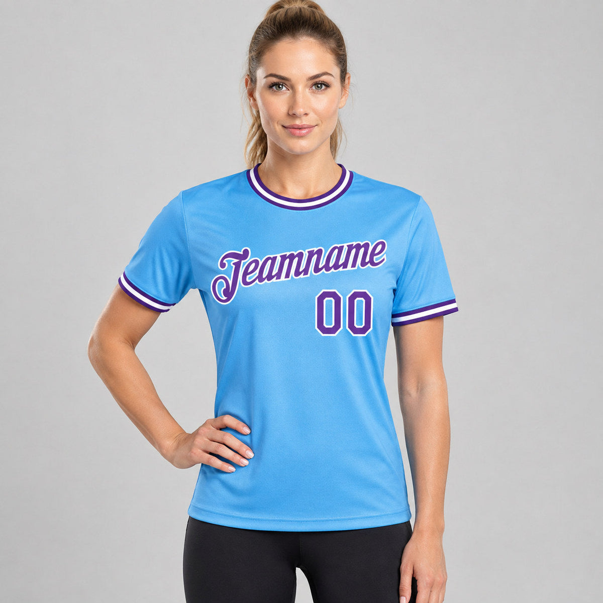 Custom Light Blue Performance T-Shirt with Purple and White Lettering worn by female model
