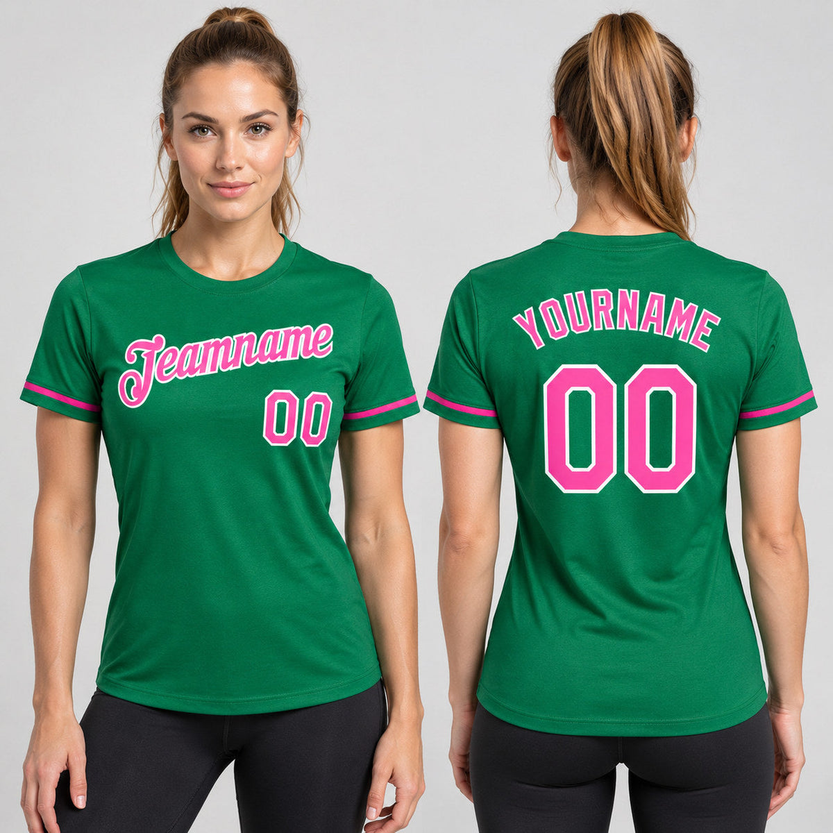 Custom Kelly Green Performance T-Shirt with Pink and White Lettering worn by female model