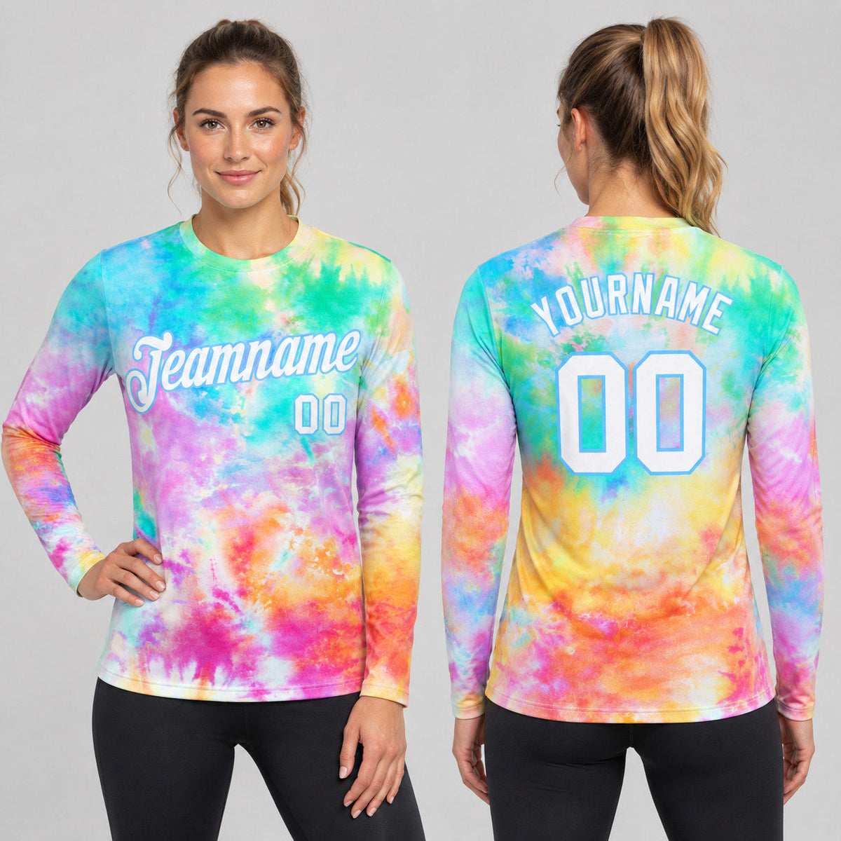Custom White and Light Blue Tie Dye Rainbow Long Sleeve Performance T-Shirt Design 0008 worn by female model
