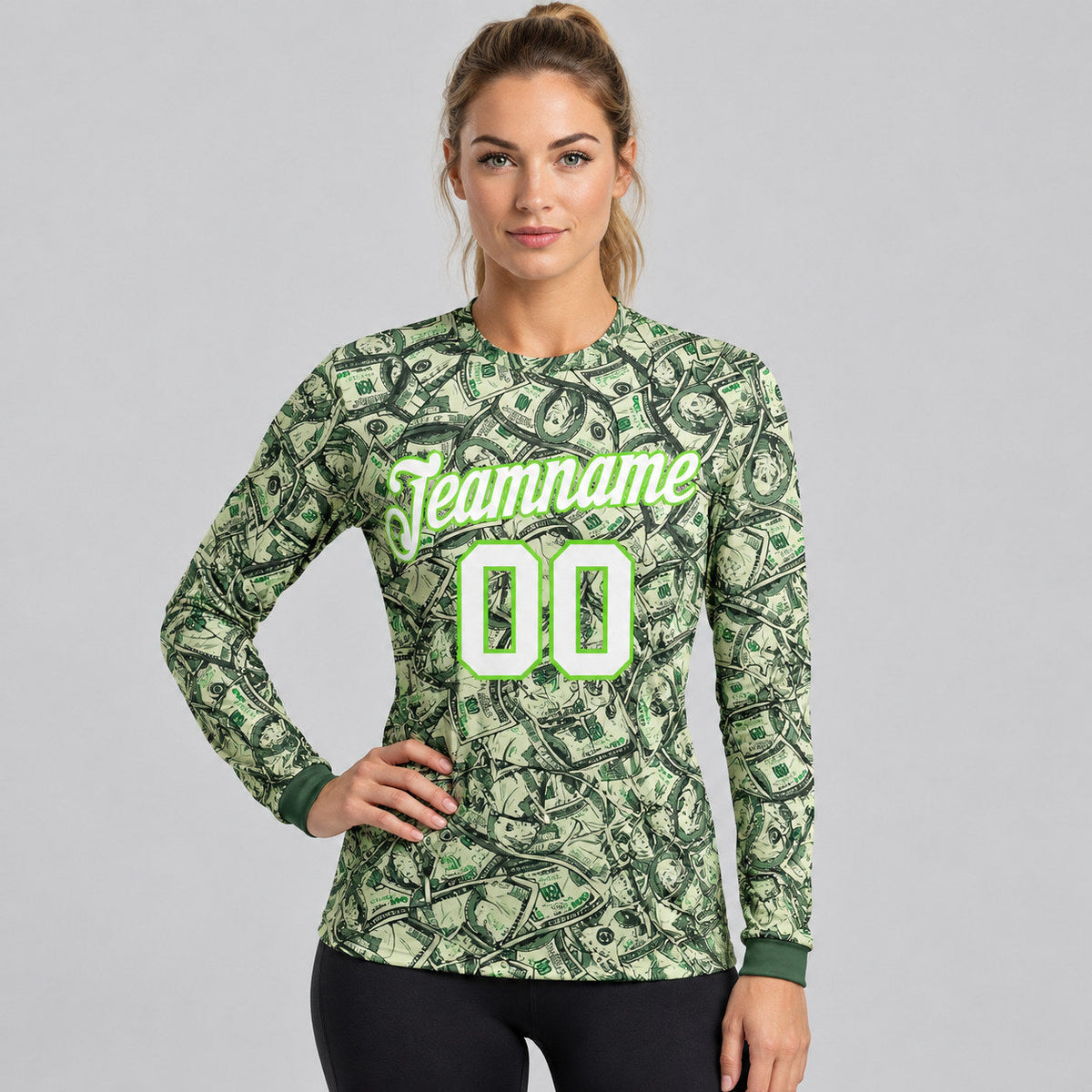 Custom Green Dollar Long Sleeve Performance T-Shirt with White and Neon Green Lettering worn by female model