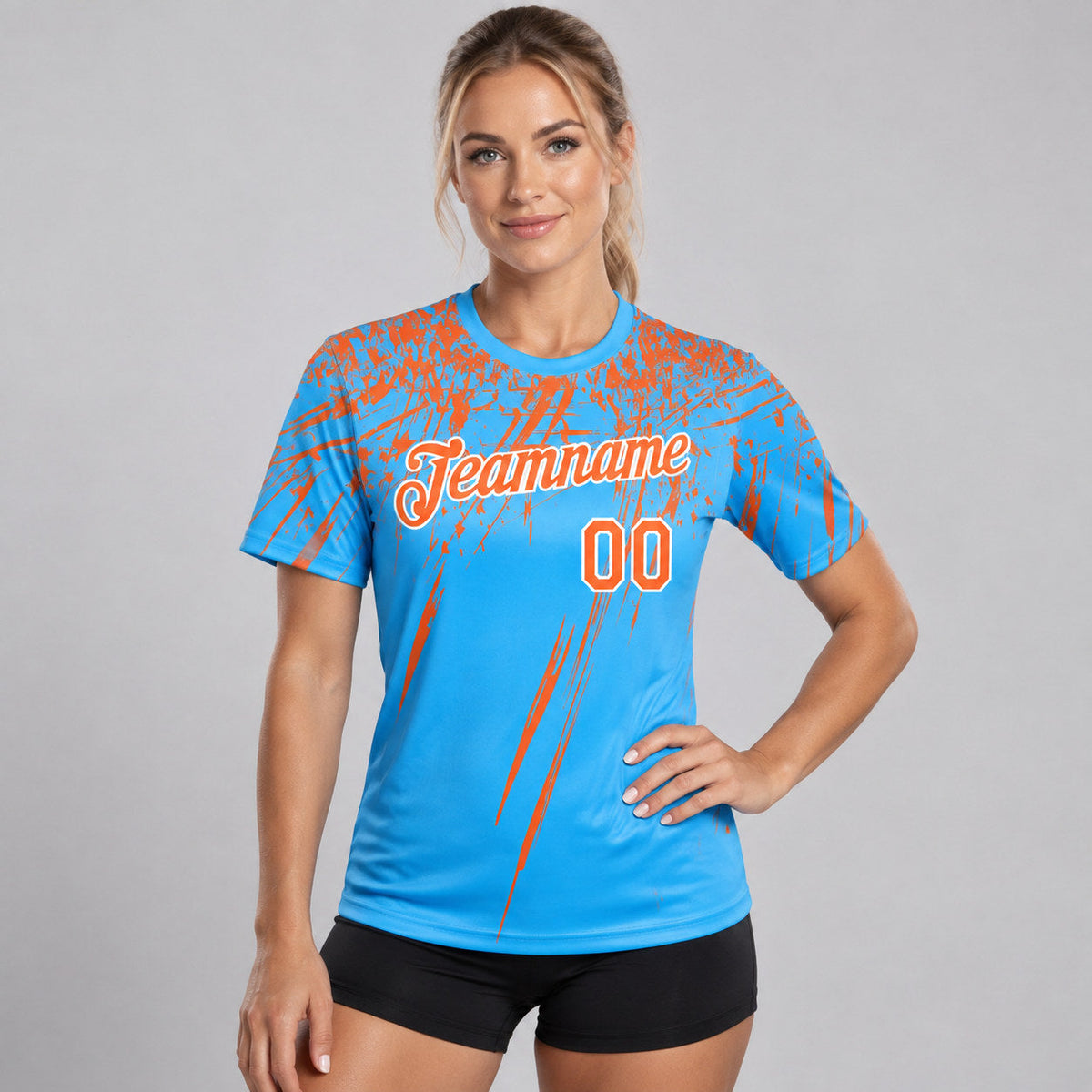 Custom Sky Blue Distressed Scratch Brush Stroke Performance T-Shirt with Orange and White Lettering worn by female model