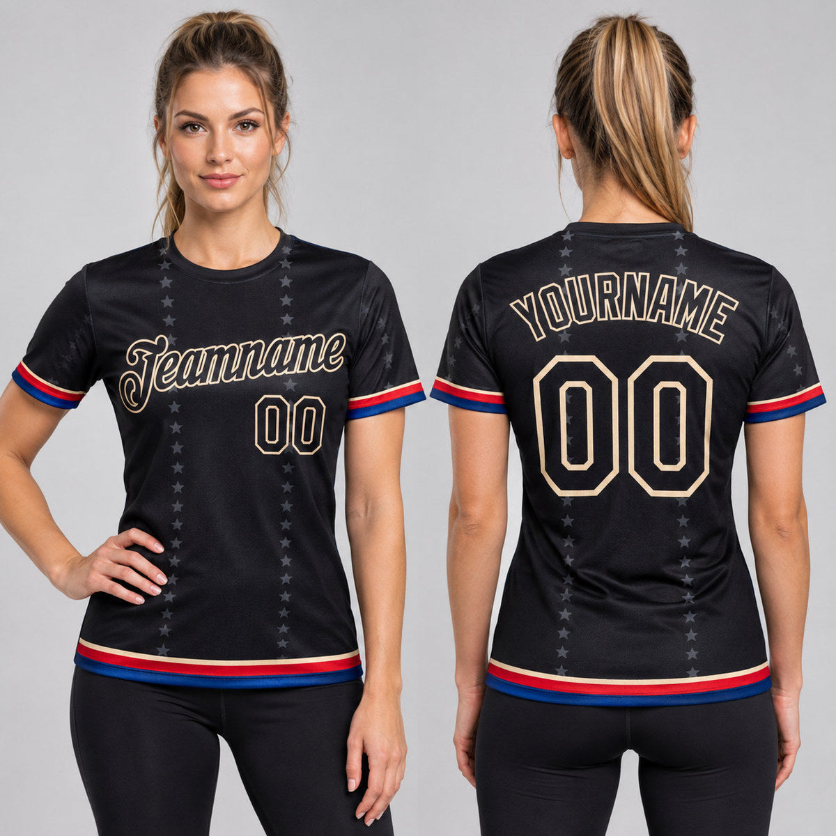 Custom Black and Red Star Performance T-Shirt with Royal and City Cream Lettering worn by female model