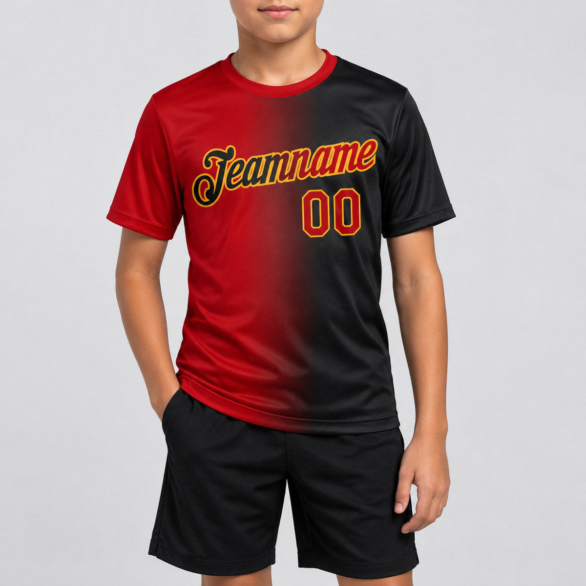 Custom Black Gradient Performance T-Shirt with Red and Gold Lettering youth size worn by child model