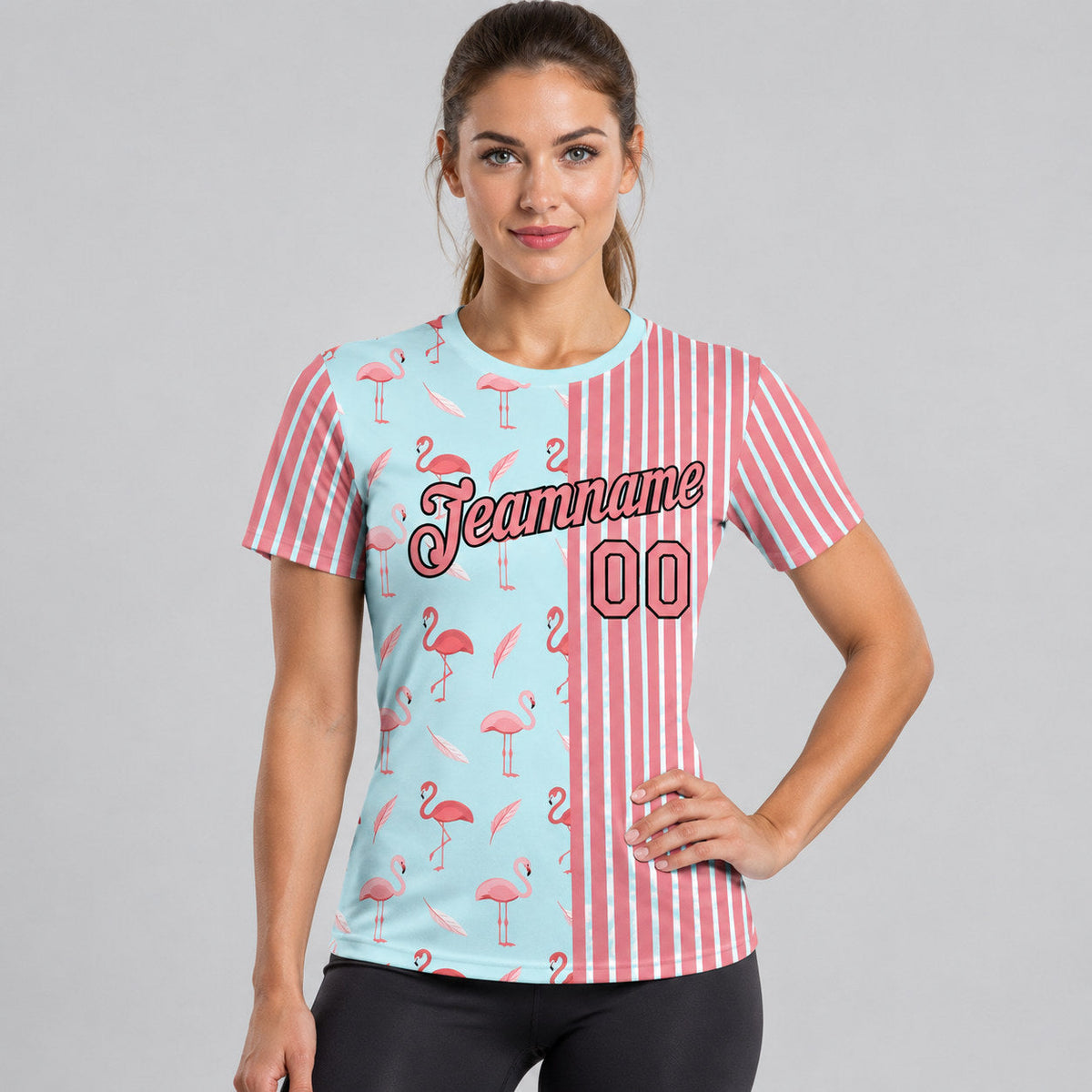 Custom Medium Pink Animal Flamingo Performance T-Shirt with Ice Blue and Black Lettering worn by female model