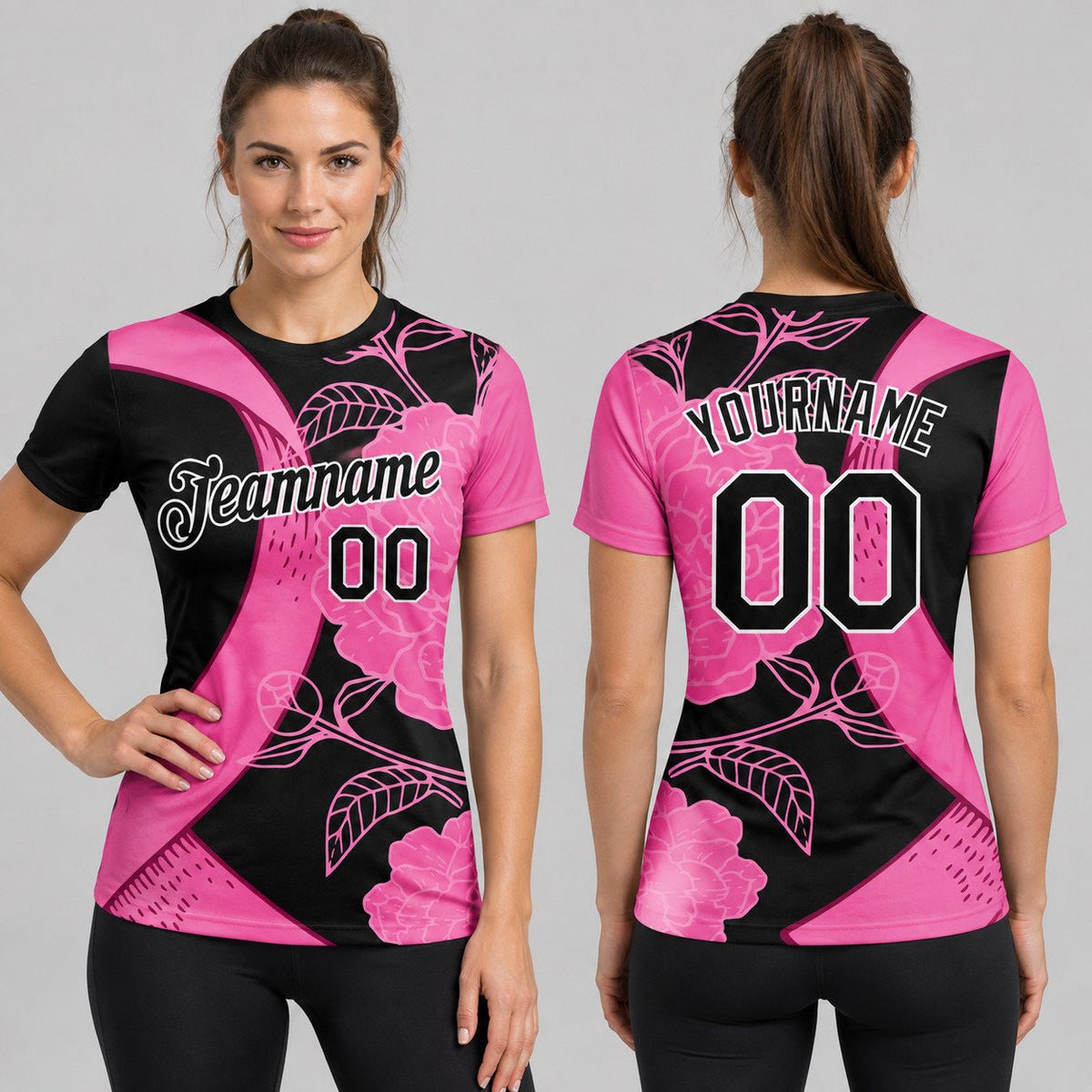 Custom Black Pink Ribbon Breast Cancer Performance T-Shirt with Pink and White Lettering Design 4907 worn by female model