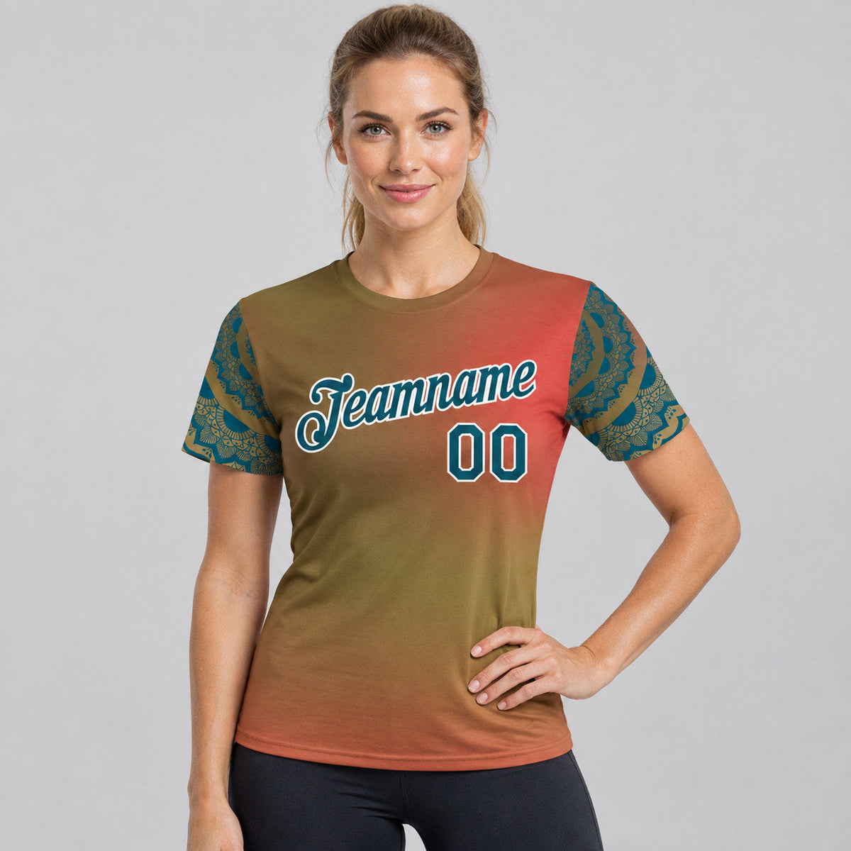 Custom Orange Floral Performance T-Shirt with Teal and White Lettering worn by female model