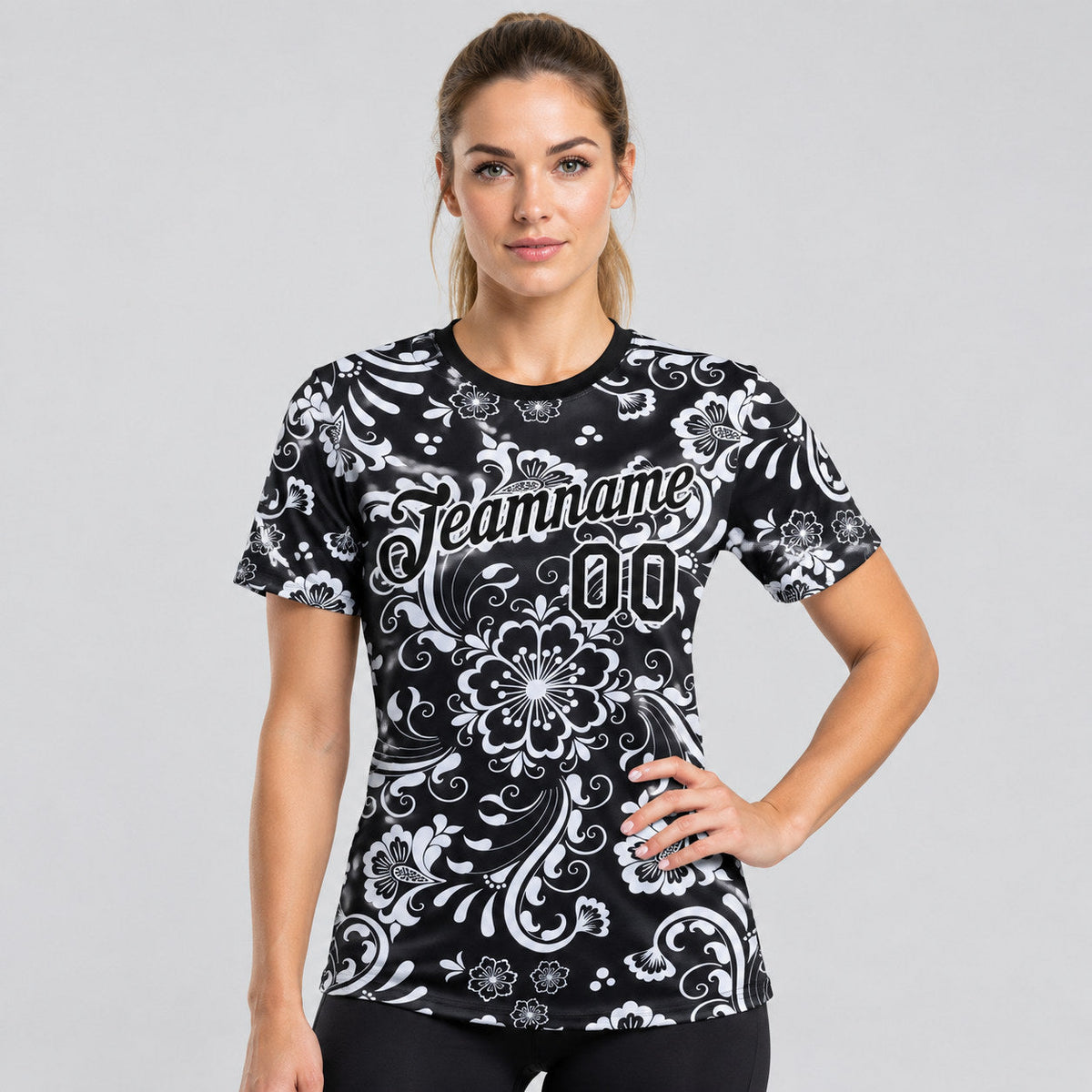 Custom Black Floral Performance T-Shirt with White Lettering Design 3977 worn by female model