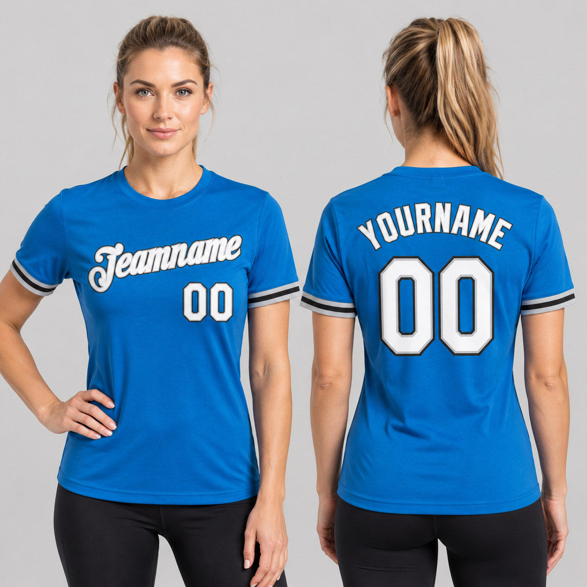 Custom Blue and White Performance T-Shirt with Gray and Black Lettering worn by female model