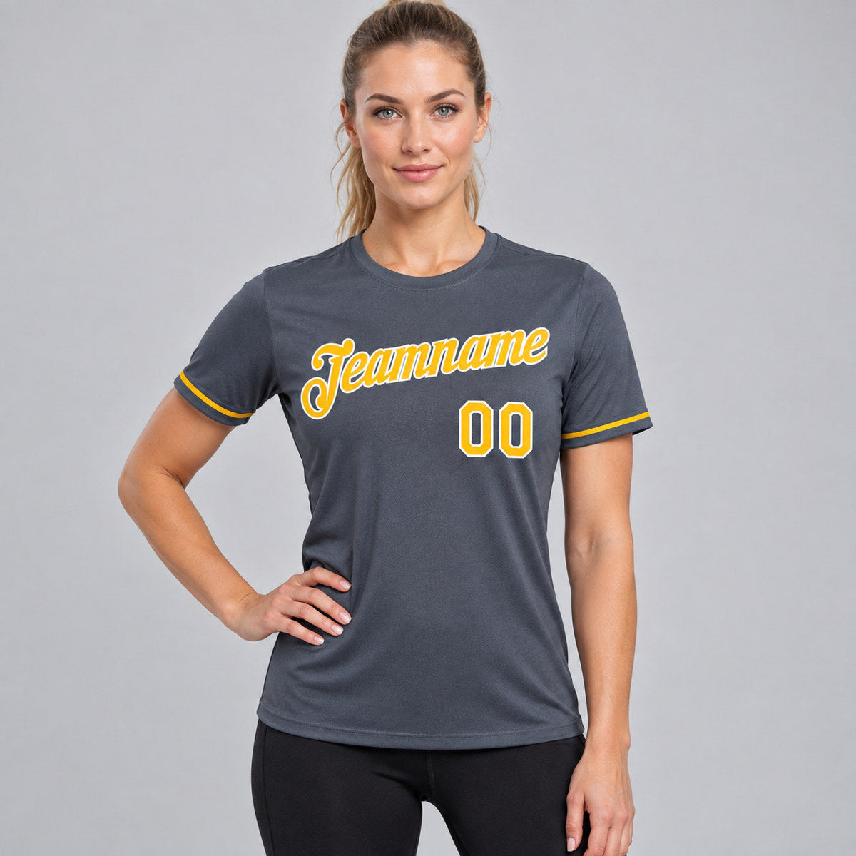 Custom Steel Gray Performance T-Shirt with Gold and White Lettering worn by female model