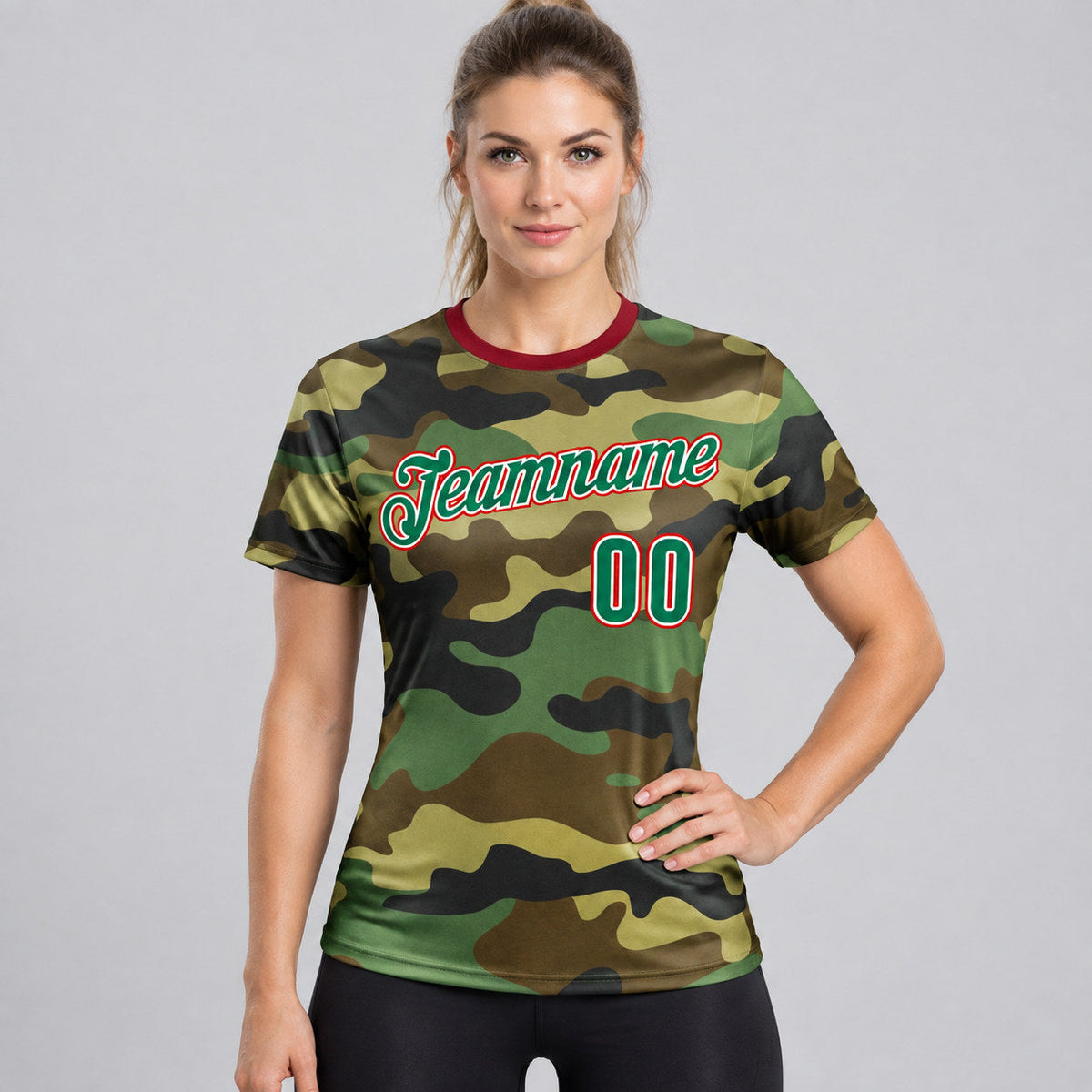 Custom Kelly Green and Red Camo Salute To Service Performance T-Shirt worn by female model
