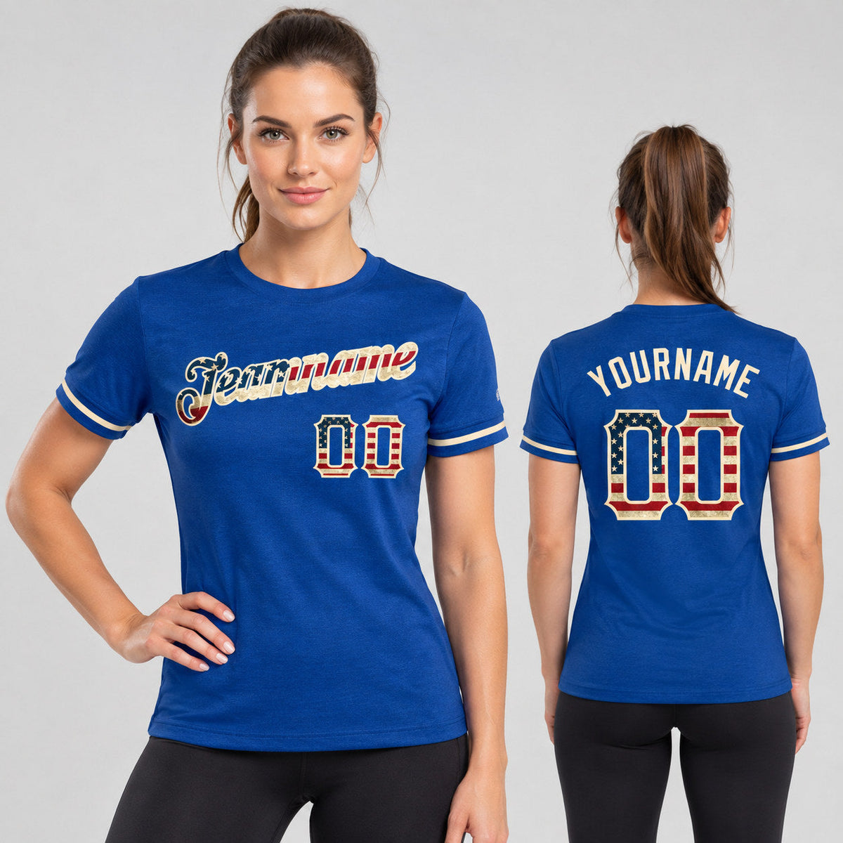 Custom Royal Vintage USA Flag Performance T-Shirt with City Cream Lettering worn by female model